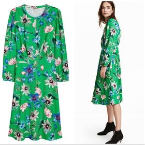 H&M Green Spring Floral Midi Dress Long Sleeves